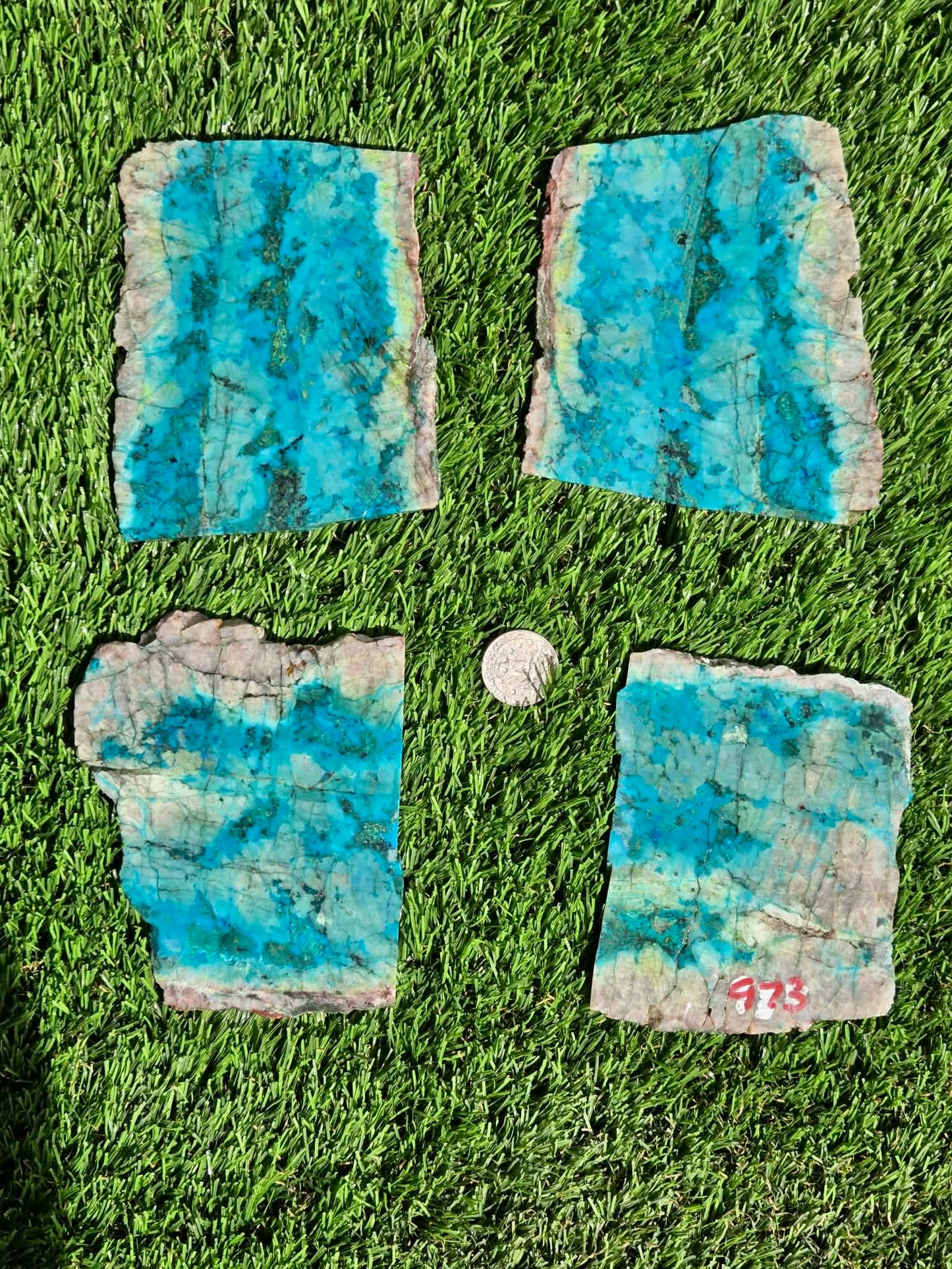 Chrysocolla in Quartz Slabs V970–973