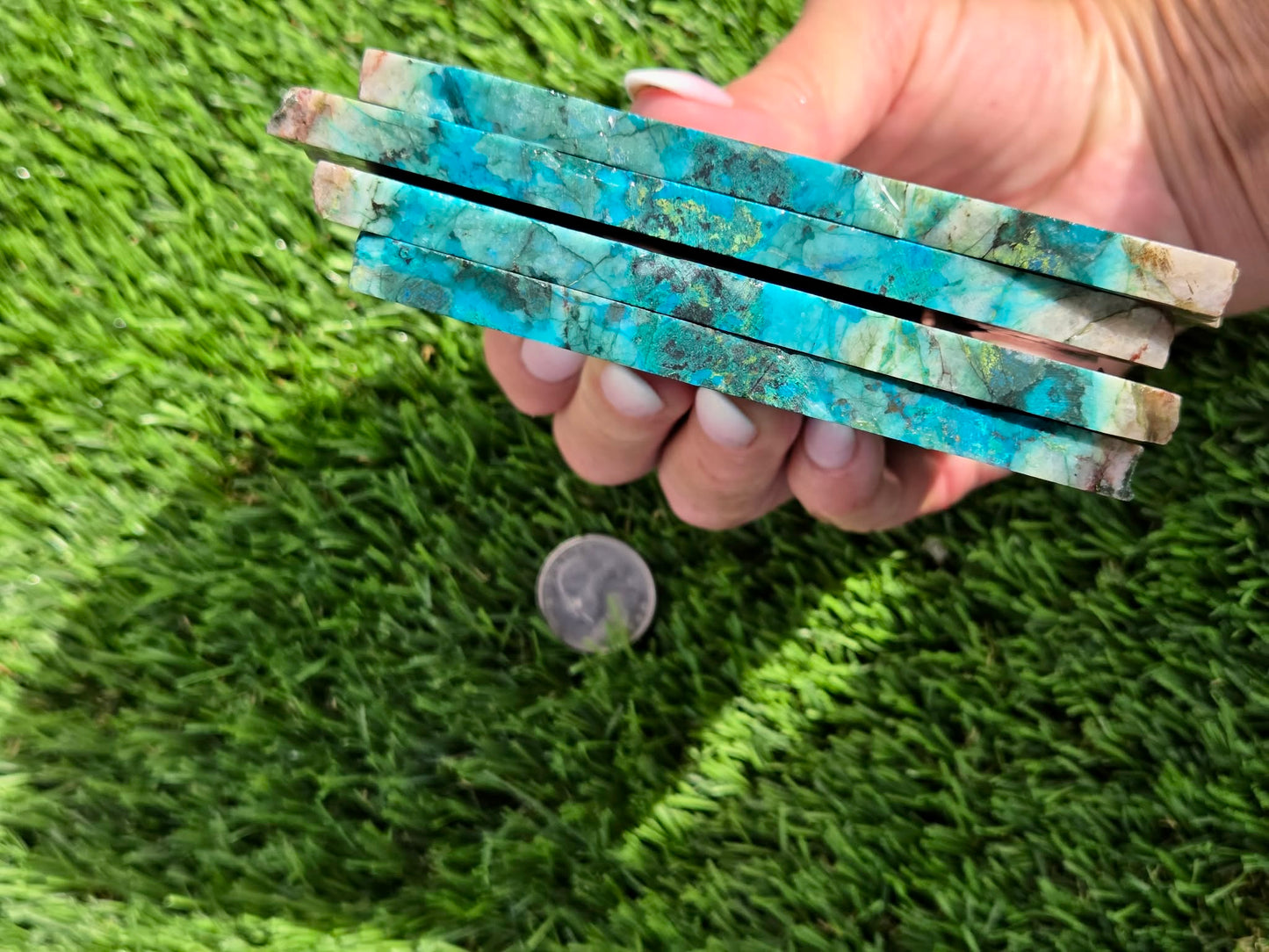 Chrysocolla in Quartz Slabs V970–973