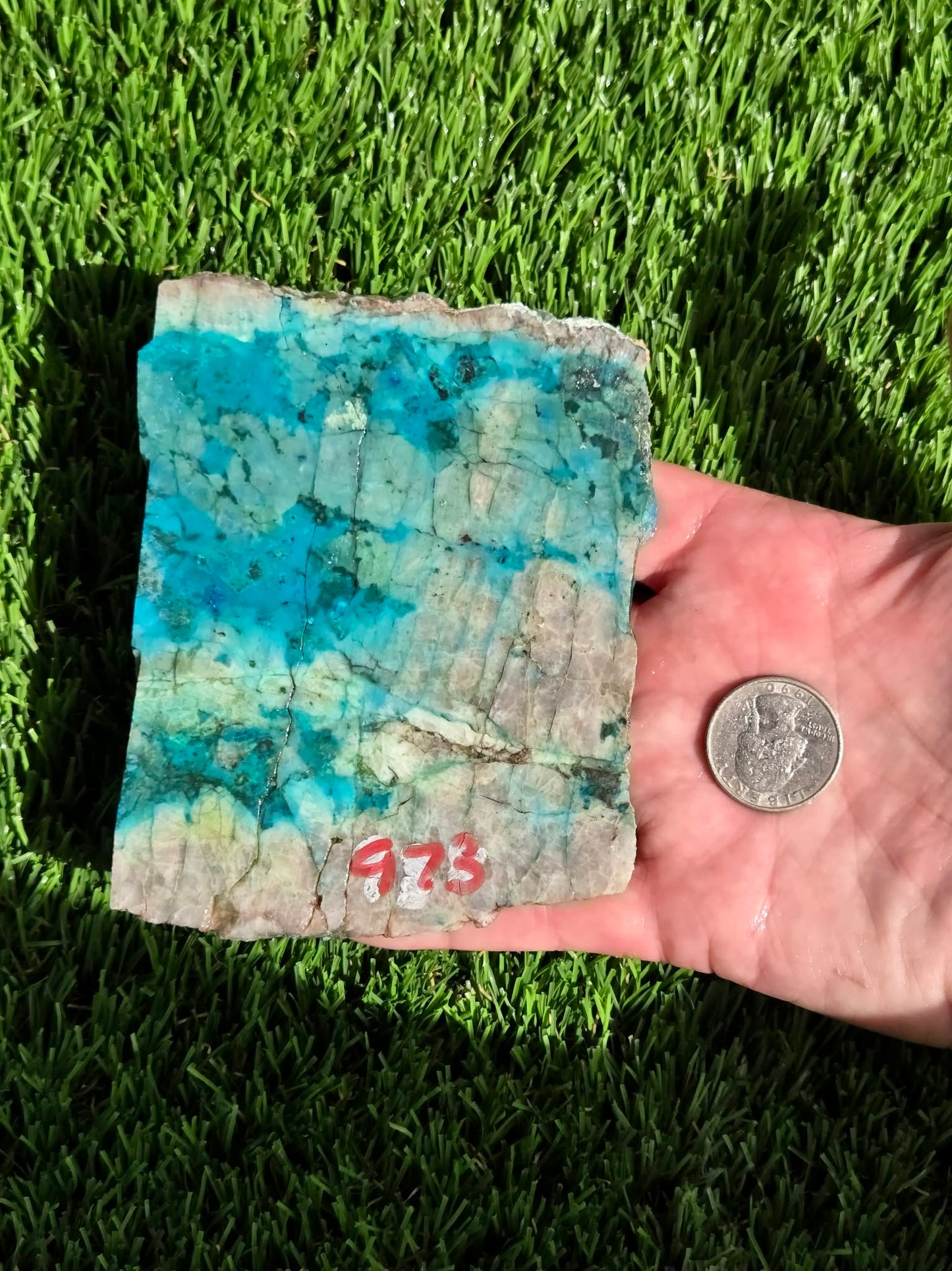 Chrysocolla in Quartz Slabs V970–973