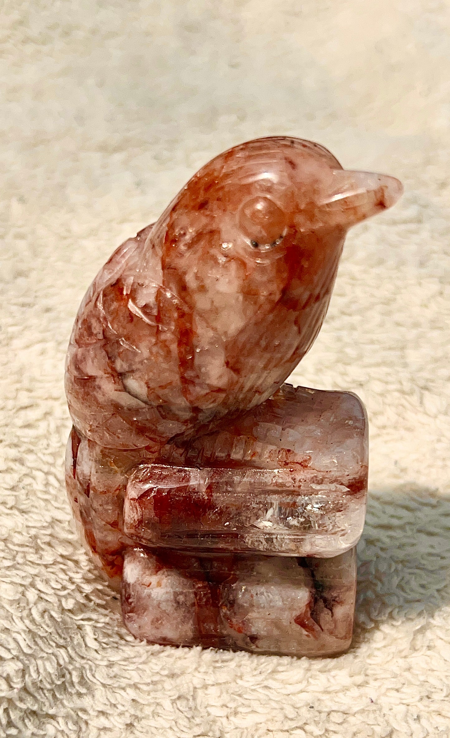 Fire Quartz Crystal “Bird on Logs” Crystal Carving