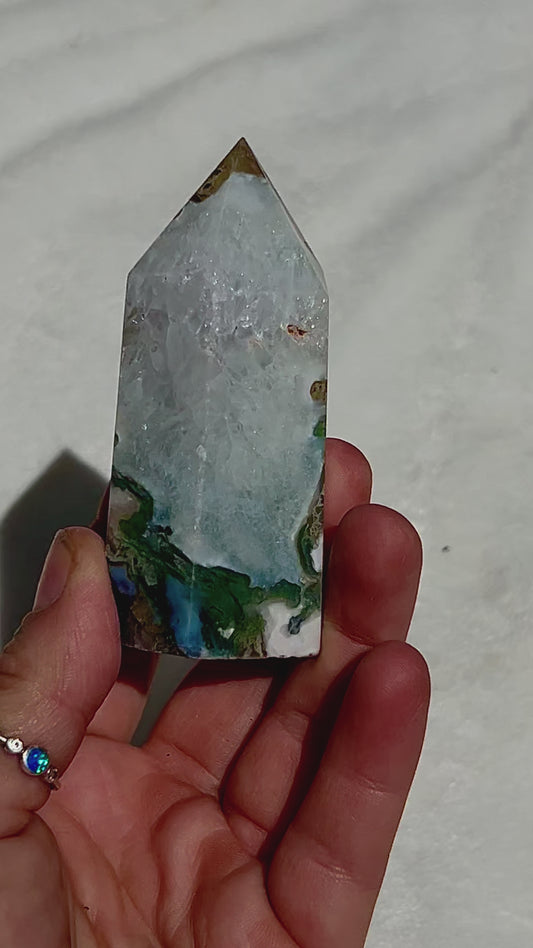 Druzy Moss Agate with Quartz Tower